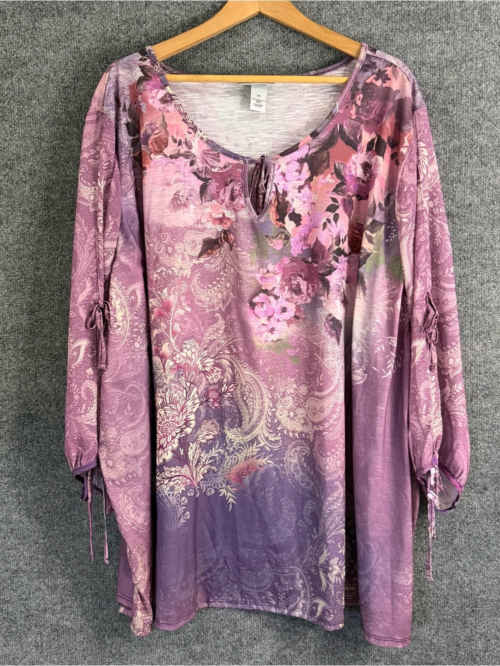 Catherines Womens 5X Purple Floral Top Long Slit Sleeve Boho Feminine Flowy